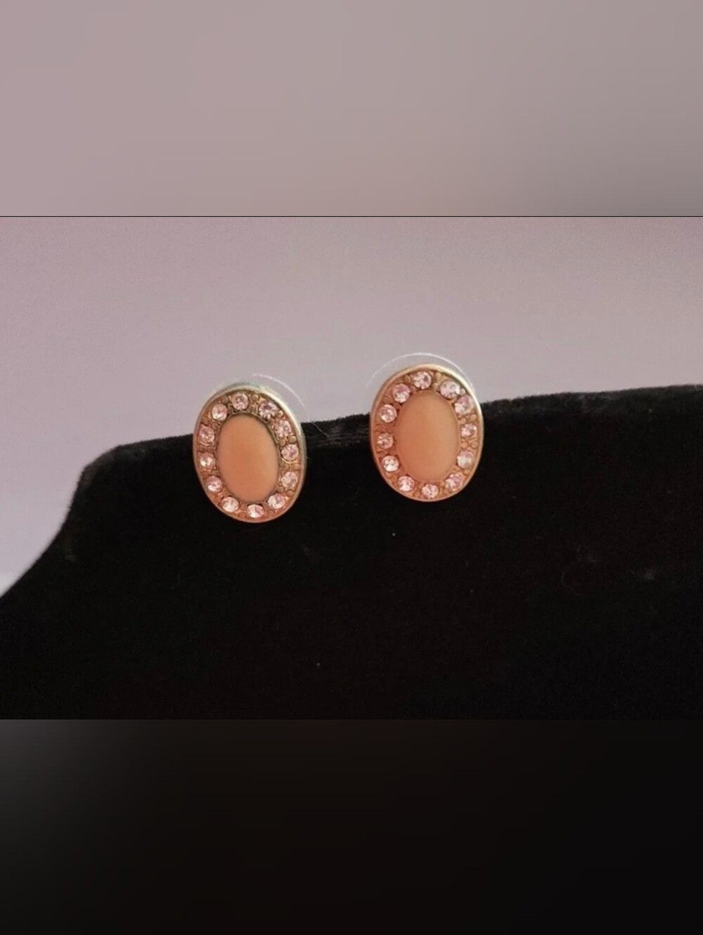 Vintage Silver Tone Rhinestone Gems Circling Beige Stone Pierced Stud Earrings